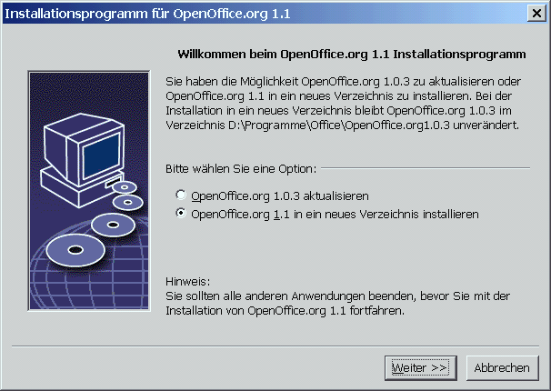 Aktualisierungs-Installationsdialog